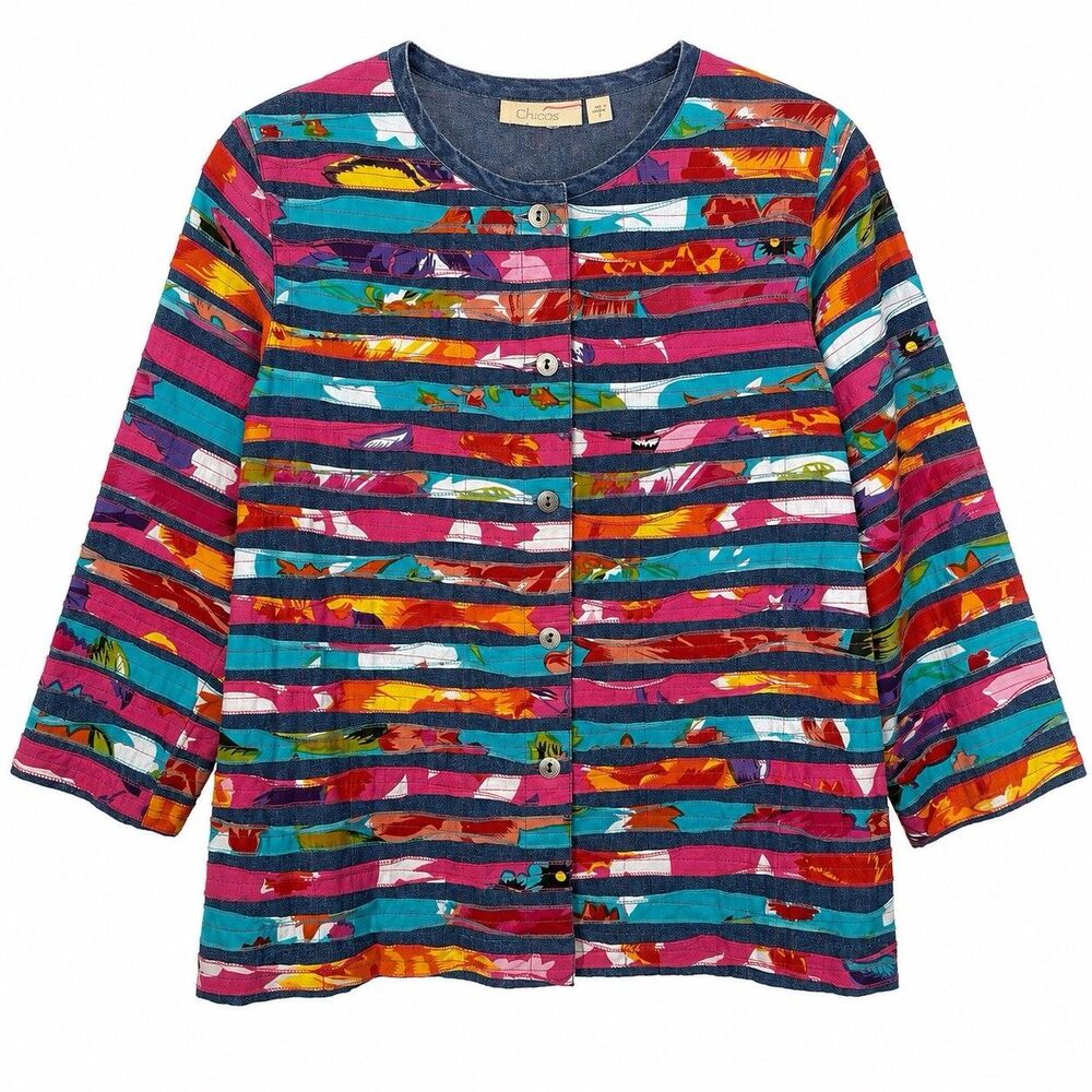 Choices Women’s Small Multicolor Patchwork Jacket Art To Wear Boho Cotton Button